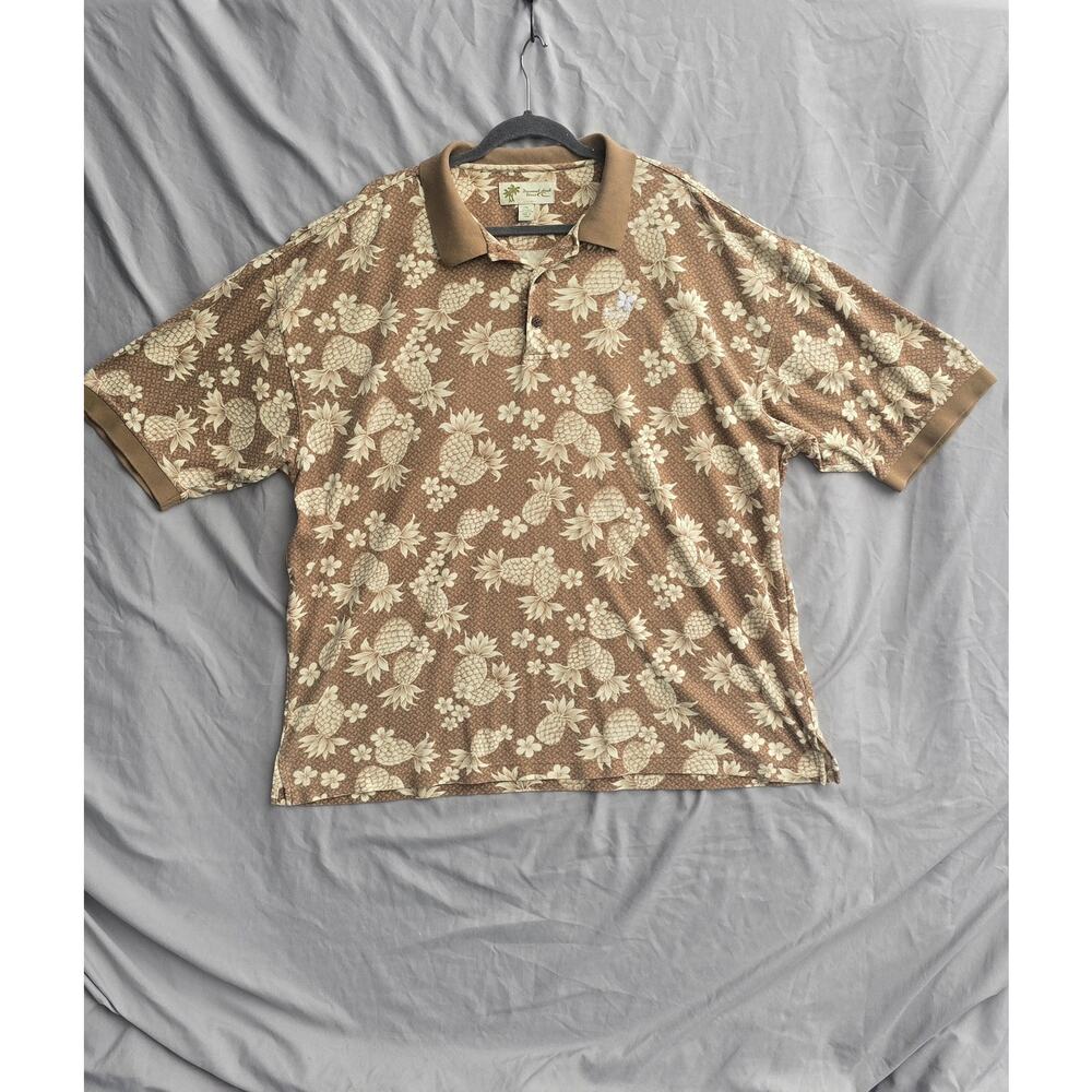 Diamond Head Wear Polo Shirt Mens 2XL Brown Pineapple Floral Kapalua Silk Hawaii